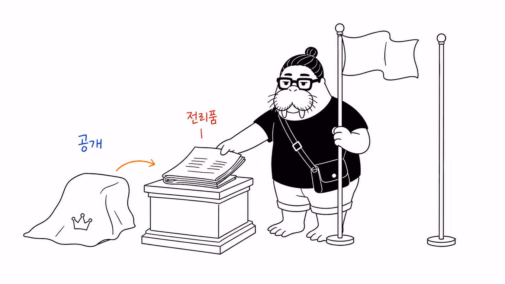dkdk가 전시대 위에 유물 대신 접힌 보고서를 올려놓고, 그 옆에 깃대를 나란히 세운다