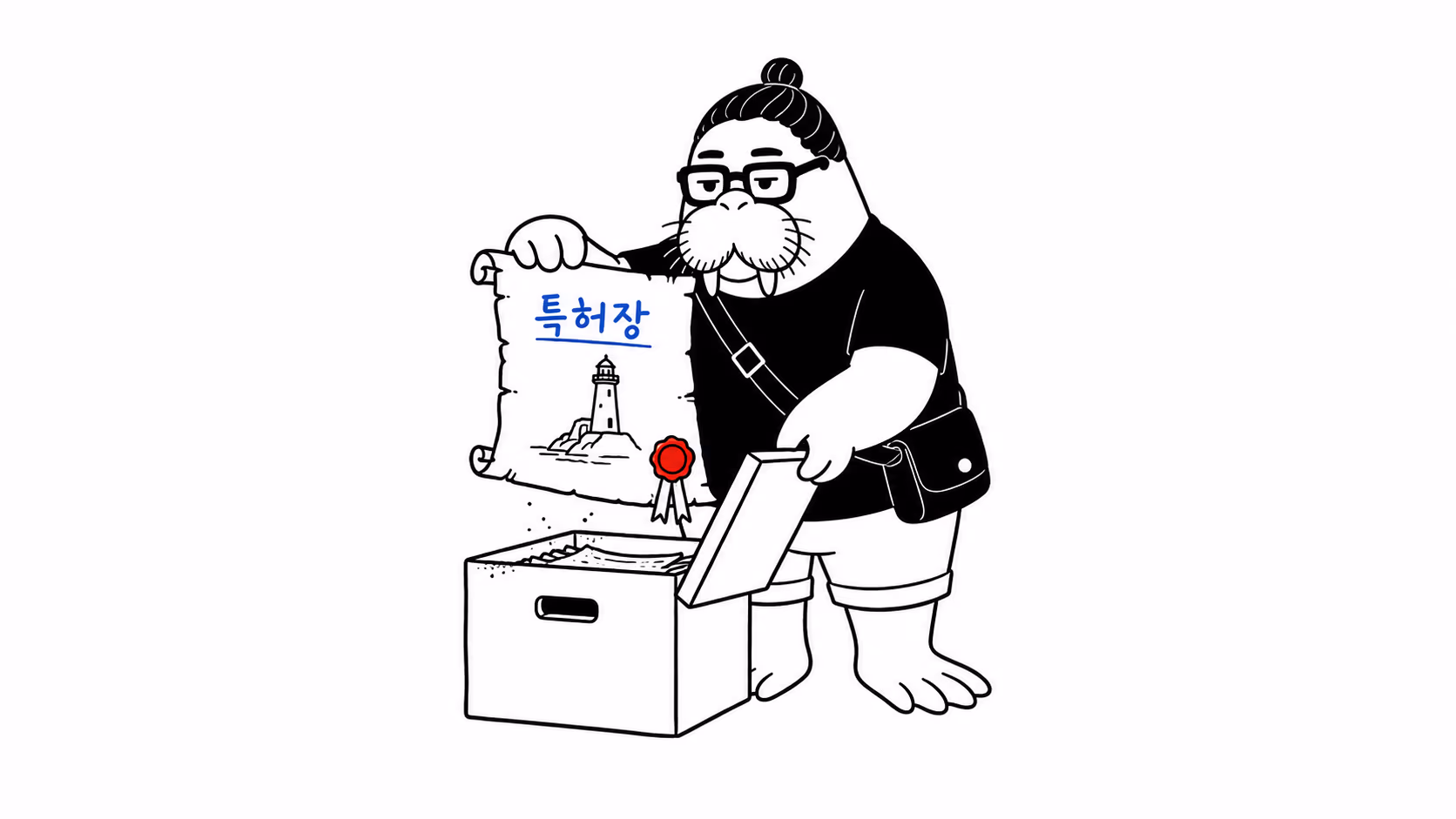 dkdk가 먼지 앉은 문서 상자 뚜껑을 열고 안에서 밀랍 인장이 달린 낡은 특허장 한 장을 조심스레 꺼내 든다