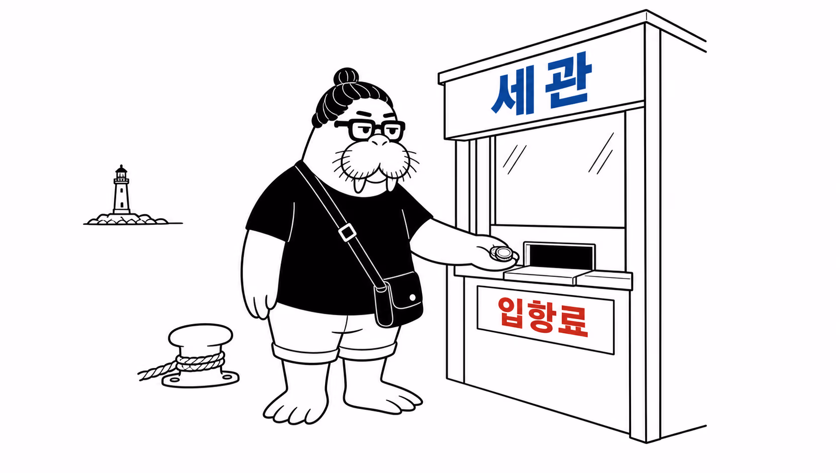 dkdk가 부두의 세관 창구 앞에 줄 서서 동전을 내밀고 있고, 그 뒤편 멀리에 등대가 작게 서 있다