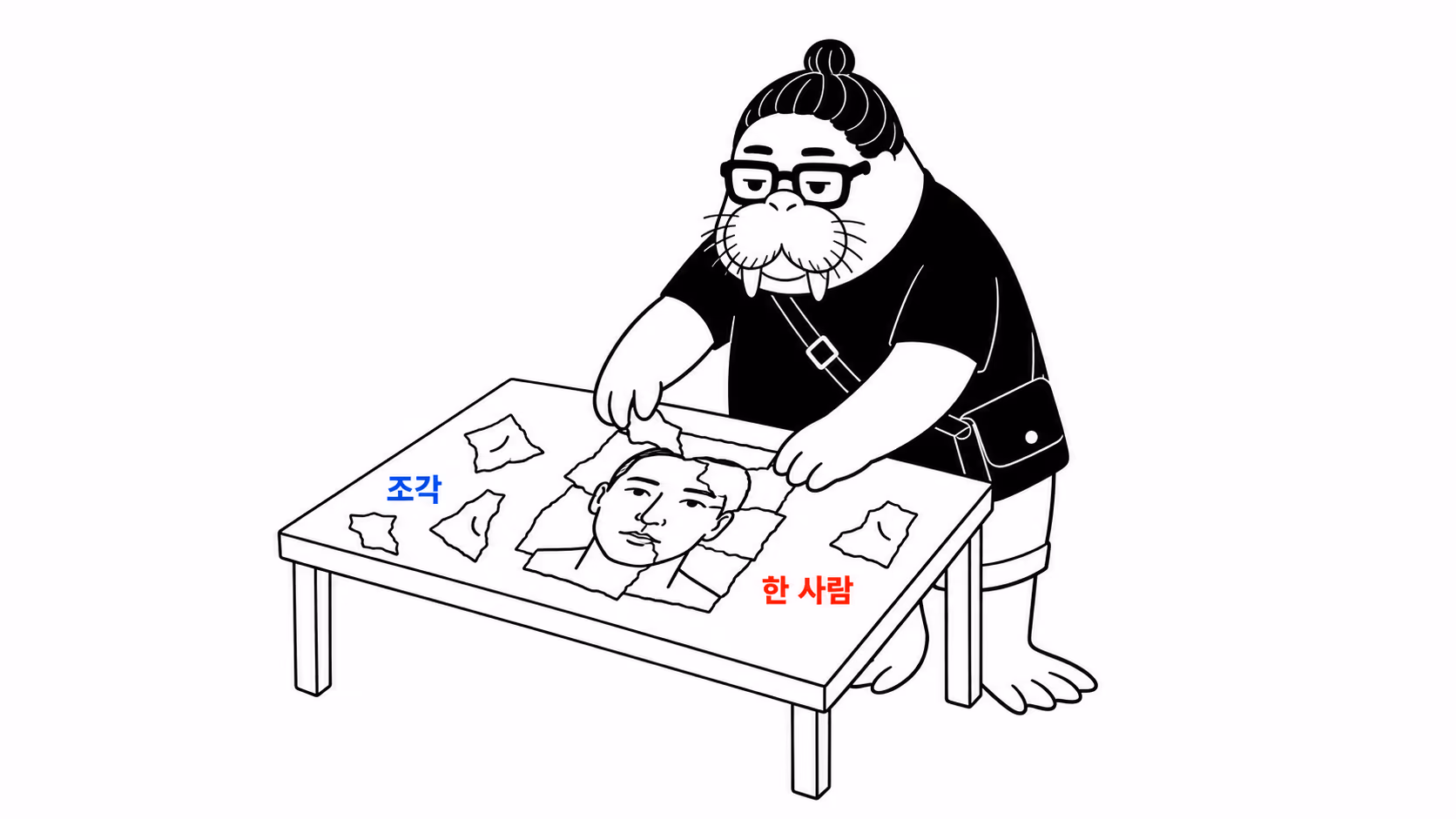 dkdk가 작은 종이 조각들을 탁자 위에서 퍼즐처럼 맞추고 있는데, 맞춰진 부분에서 한 사람의 얼굴 윤곽이 떠오른다