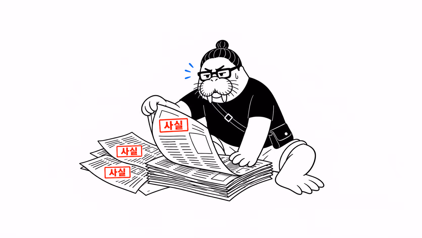 dkdk가 신문 더미를 한 장씩 넘기고 있고, 넘긴 지면마다 「사실」이라는 도장이 찍혀 있는데 표정은 점점 굳어진다