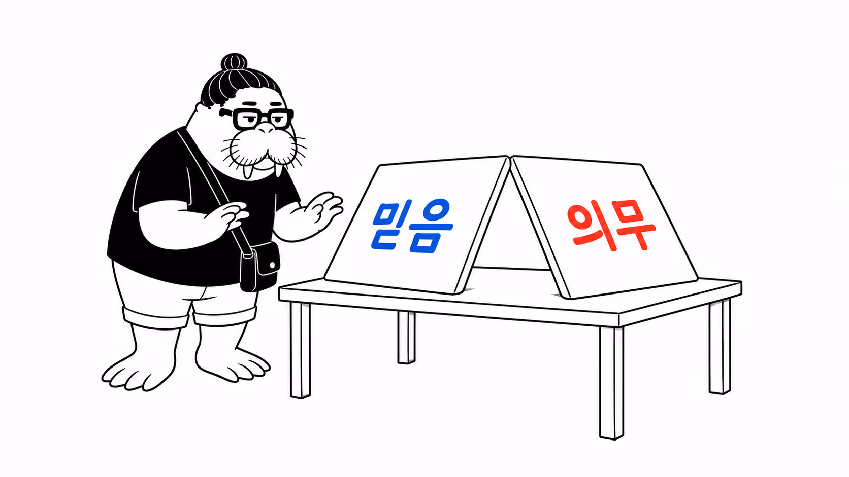 dkdk가 탁자 위에 가로로 넓적한 판 두 장을 꼭대기끼리 기대어 세워 놓고, 무너질까 두 손을 든 채 지켜본다. 한 판에는 「믿음」, 다른 판에는 「의무」라 적혀 있고 둘은 서로에게만 기대어 서 있다