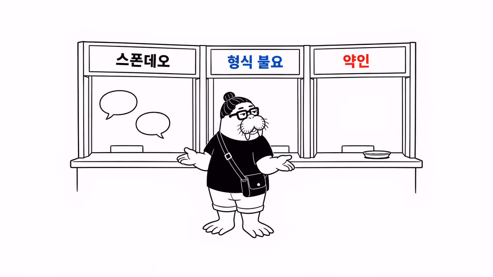 dkdk가 나란히 붙은 세 개의 창구 앞에 서서 빈 손바닥을 내밀어 보이는데, 창구마다 요구하는 것이 달라 곤란한 표정이다