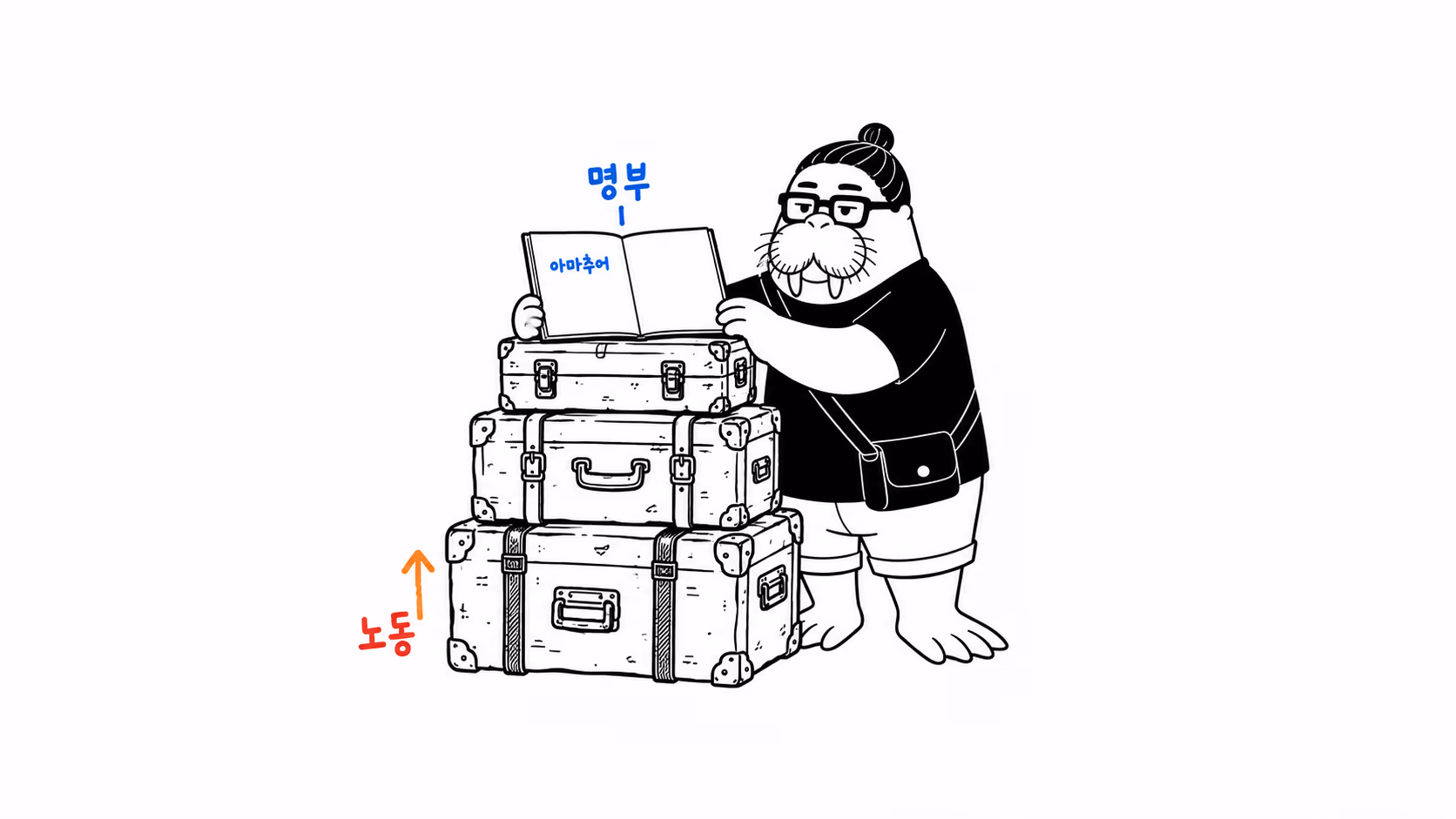 dkdk가 이름이 딱 한 줄만 적힌 얇은 클럽 명부를 손에 들고 있는데, 그 명부가 아래에 쌓인 무거운 짐 상자 더미 위에 놓여 균형을 잡고 있다