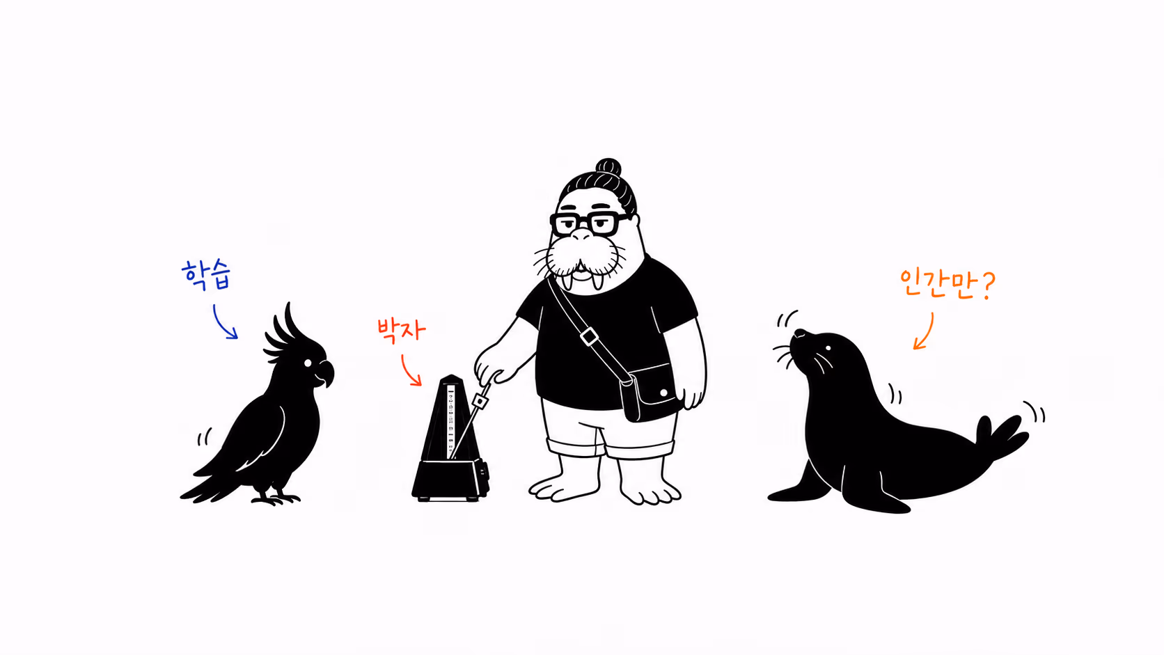 인간의 박자 감각과 다른 동물의 리듬 반응을 비교하는 장면
