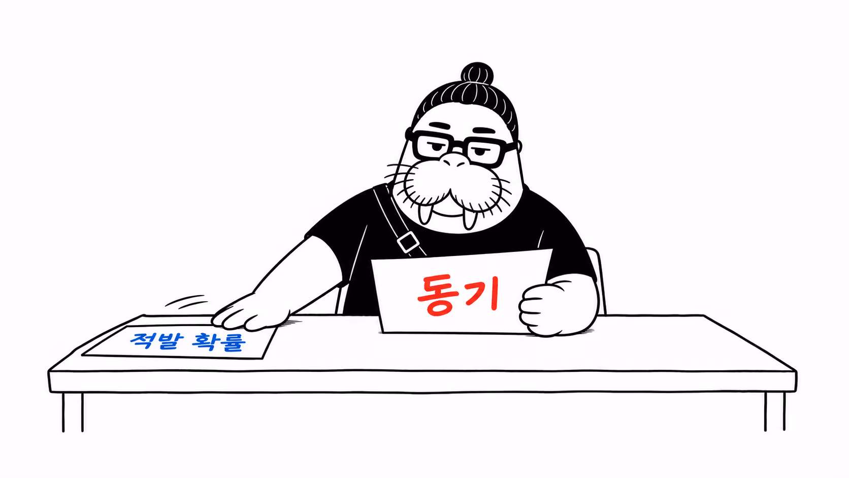 dkdk가 책상에 앉아 두 장의 서류 중 한 장은 손등으로 옆으로 밀어 두고, 다른 한 장만 두 손으로 들어 열심히 읽는다
