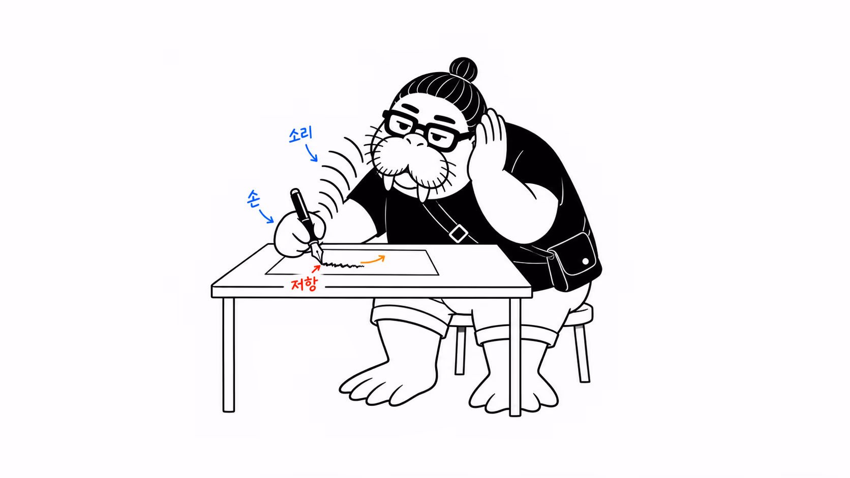 dkdk가 펜촉을 종이에 대고 긋는 자리에서 소리 물결이 피어오르는 것을 귀를 기울여 듣고 있다